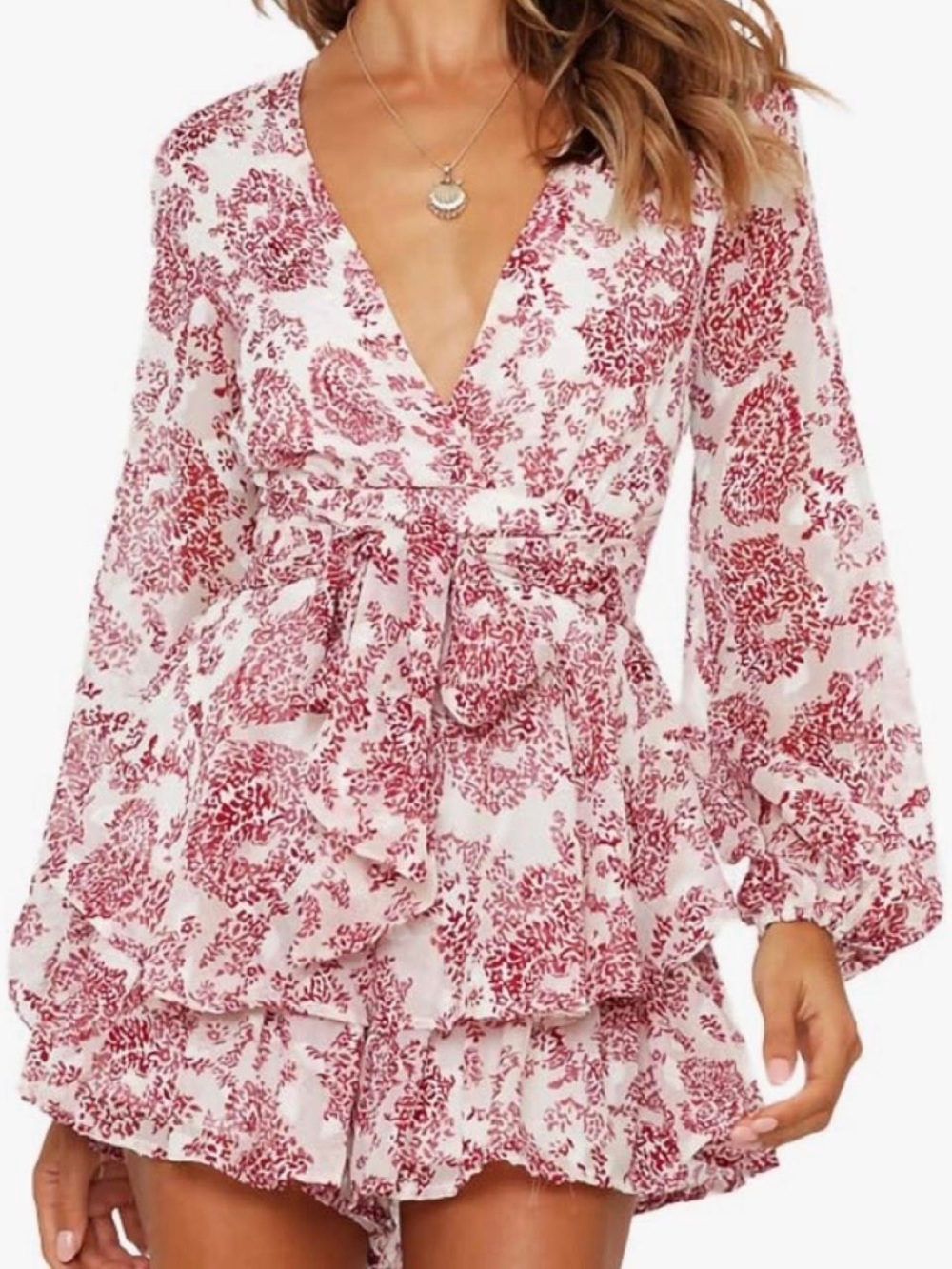 Floral Wrap Mini Dress - White & Red